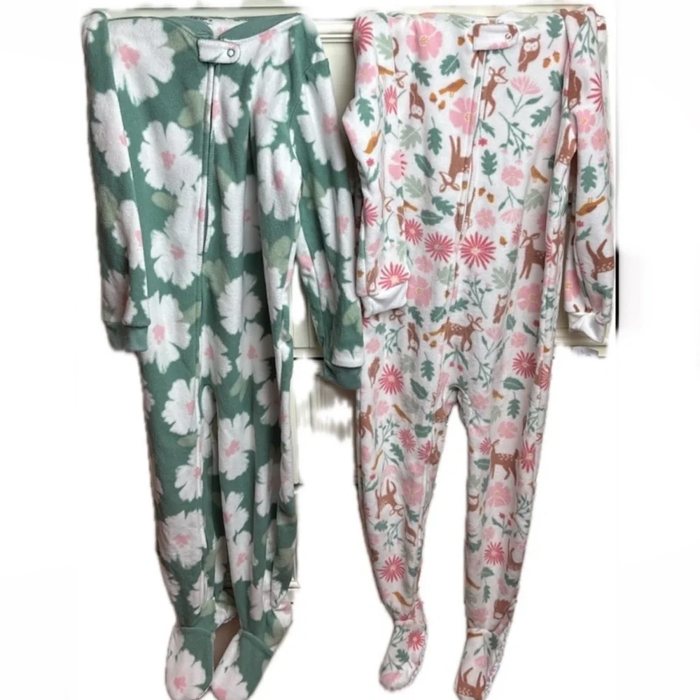 NWT 2 Pc Set Carter's Fleece Green Pink Deer White Forest Footie Nonslip Sole